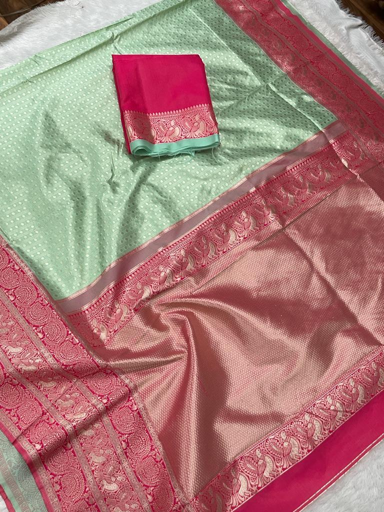 Royal Pink and Mint Green Silk Saree with Rich Zari Border