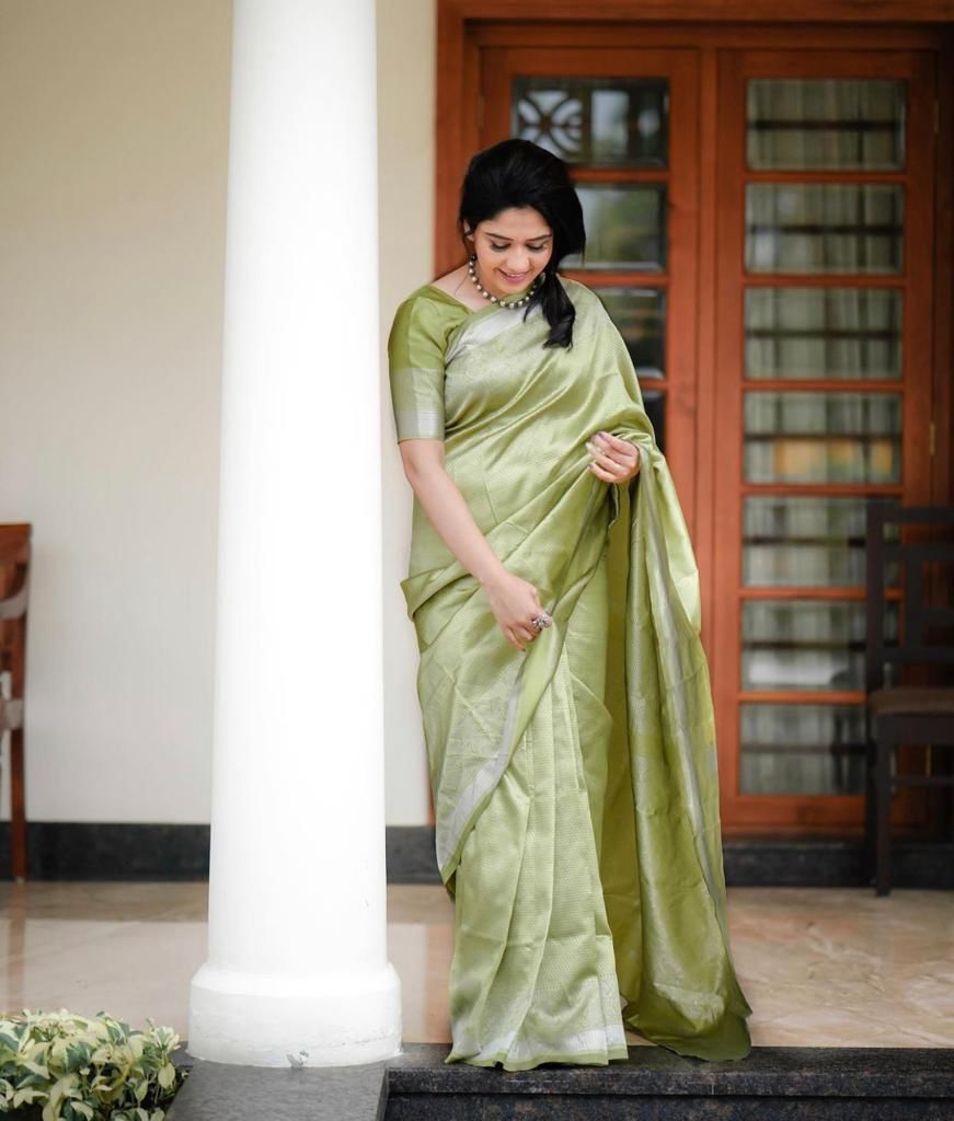 Elegant Olive Green Silk Saree with Subtle Shine