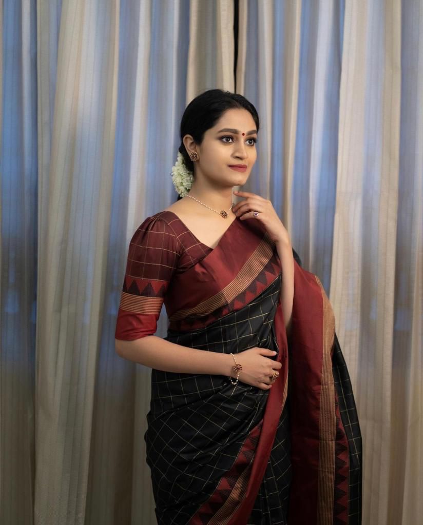 Black and Maroon Silk Saree with Geometric Border
