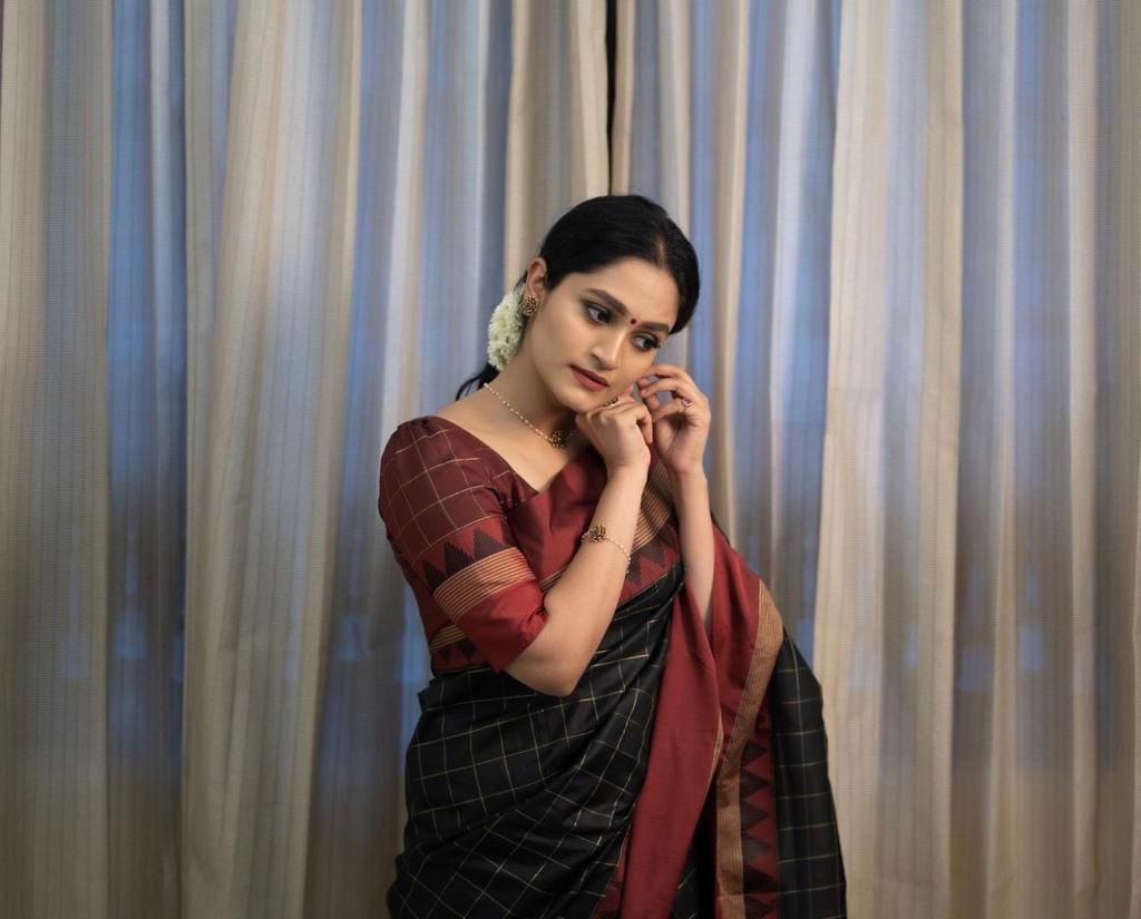 Black and Maroon Silk Saree with Geometric Border