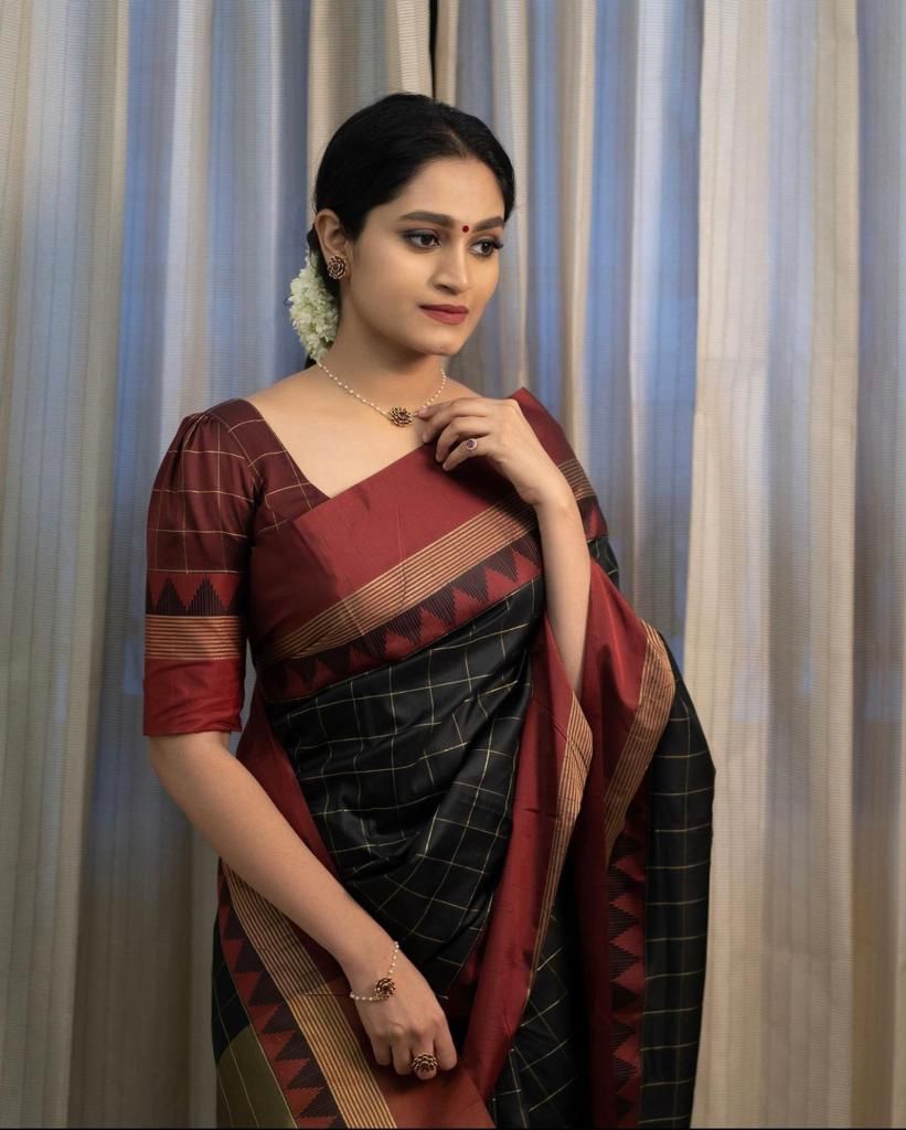 Black and Maroon Silk Saree with Geometric Border