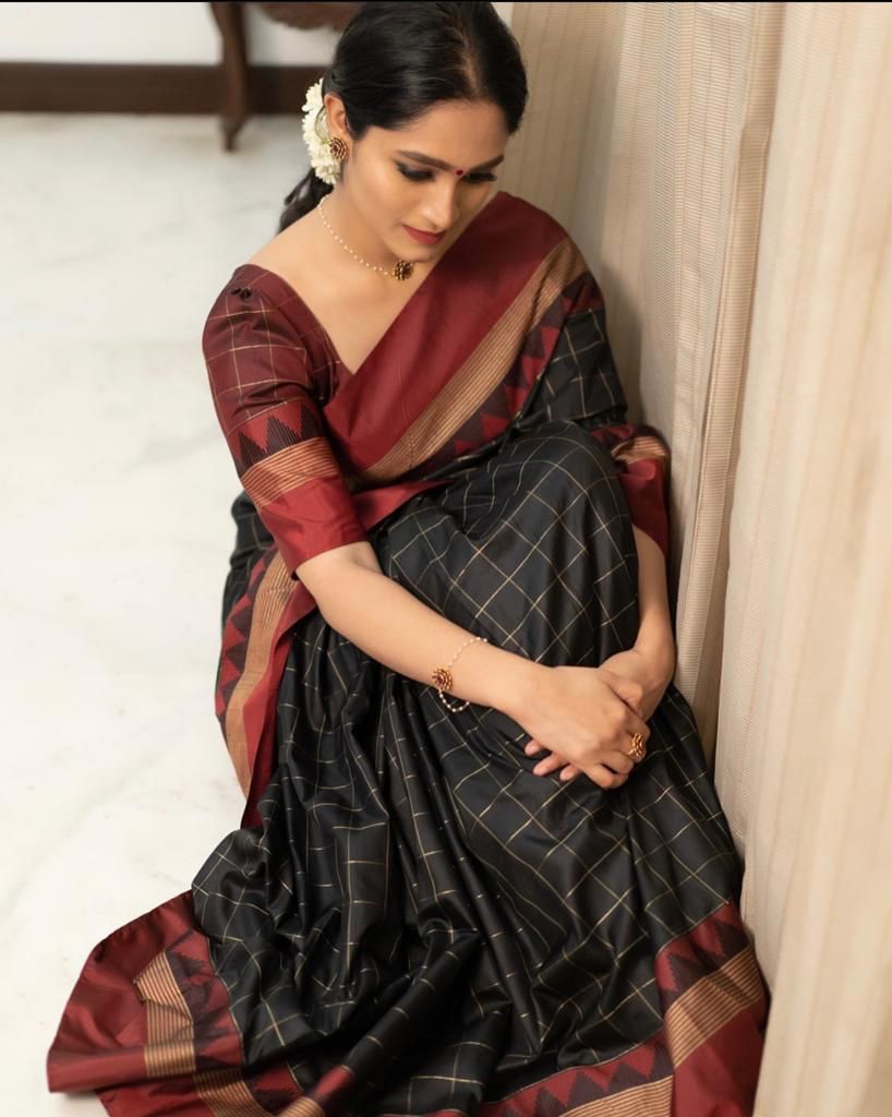 Black and Maroon Silk Saree with Geometric Border