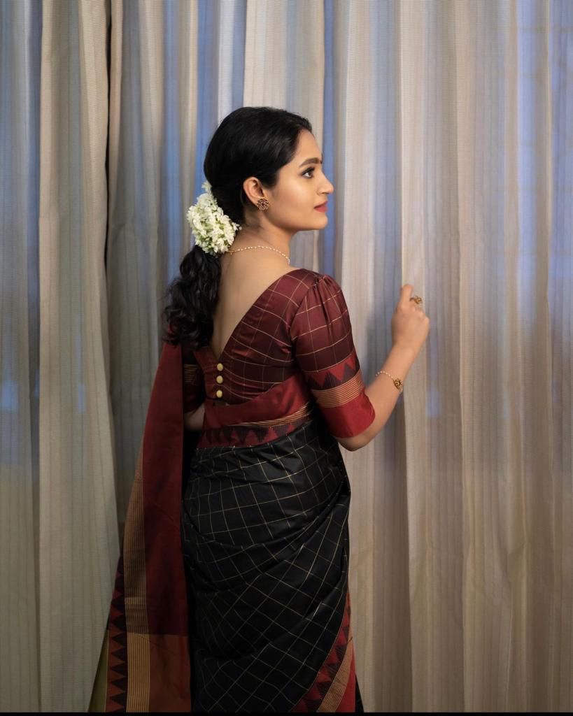 Black and Maroon Silk Saree with Geometric Border