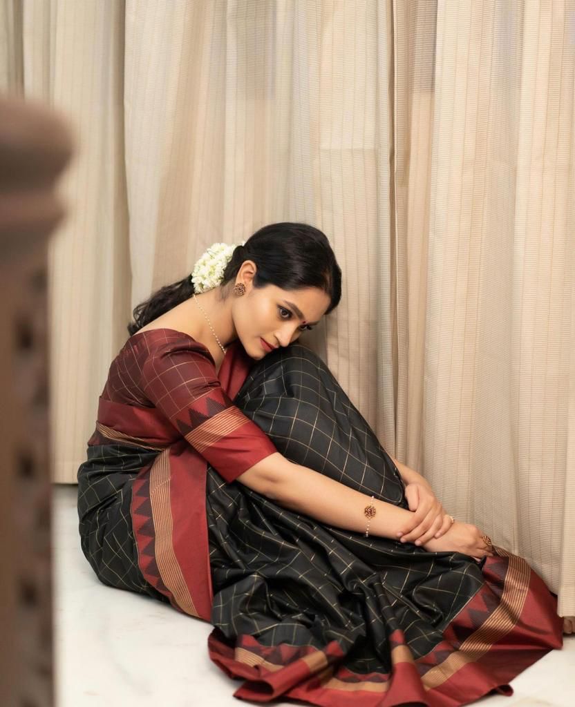 Black and Maroon Silk Saree with Geometric Border