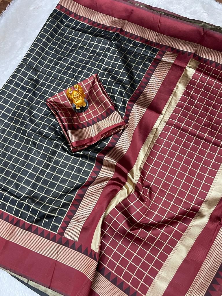 Black and Maroon Silk Saree with Geometric Border