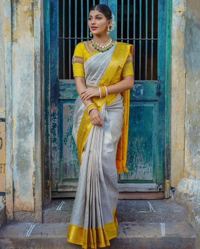 Mustard Yellow and Grey Silk Saree with Elegant Border