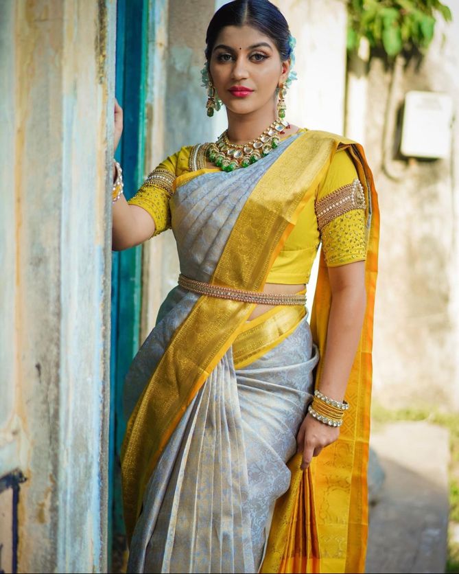Mustard Yellow and Grey Silk Saree with Elegant Border