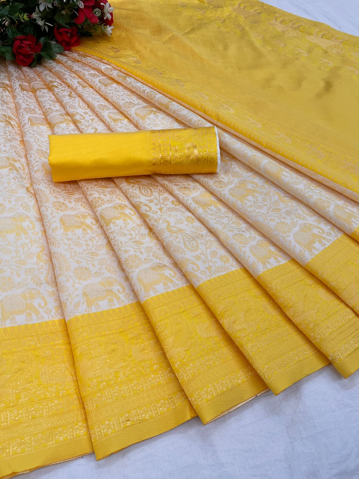 Mustard Yellow and Grey Silk Saree with Elegant Border