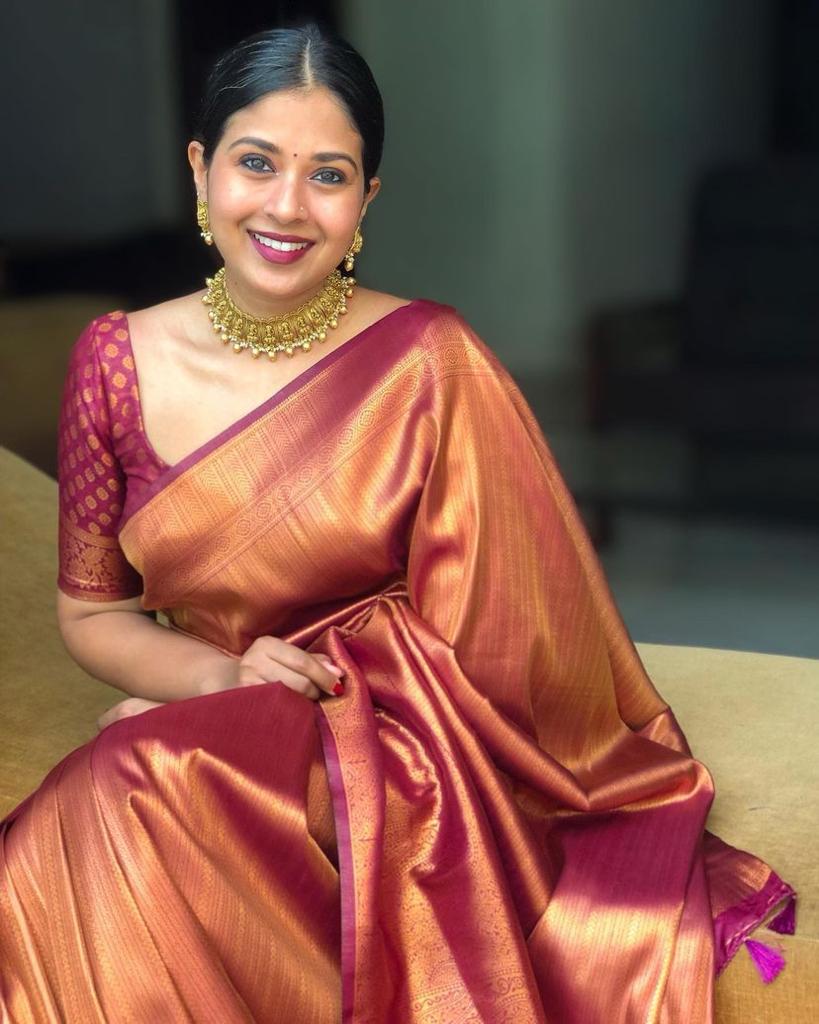 Copper Gold Silk Saree with Maroon Contrast Border