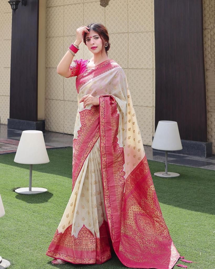 Elegant Cream Silk Saree with Rich Pink Zari Border