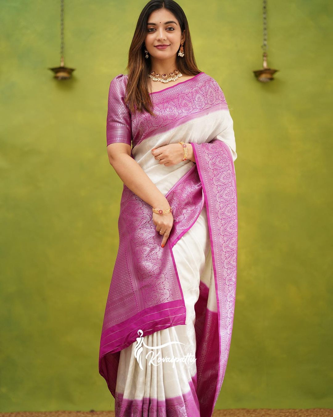 White Silk Saree with Rich Pink Woven Border