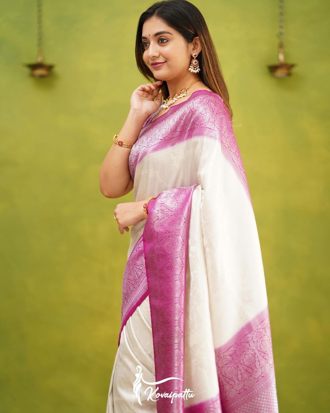 White Silk Saree with Rich Pink Woven Border
