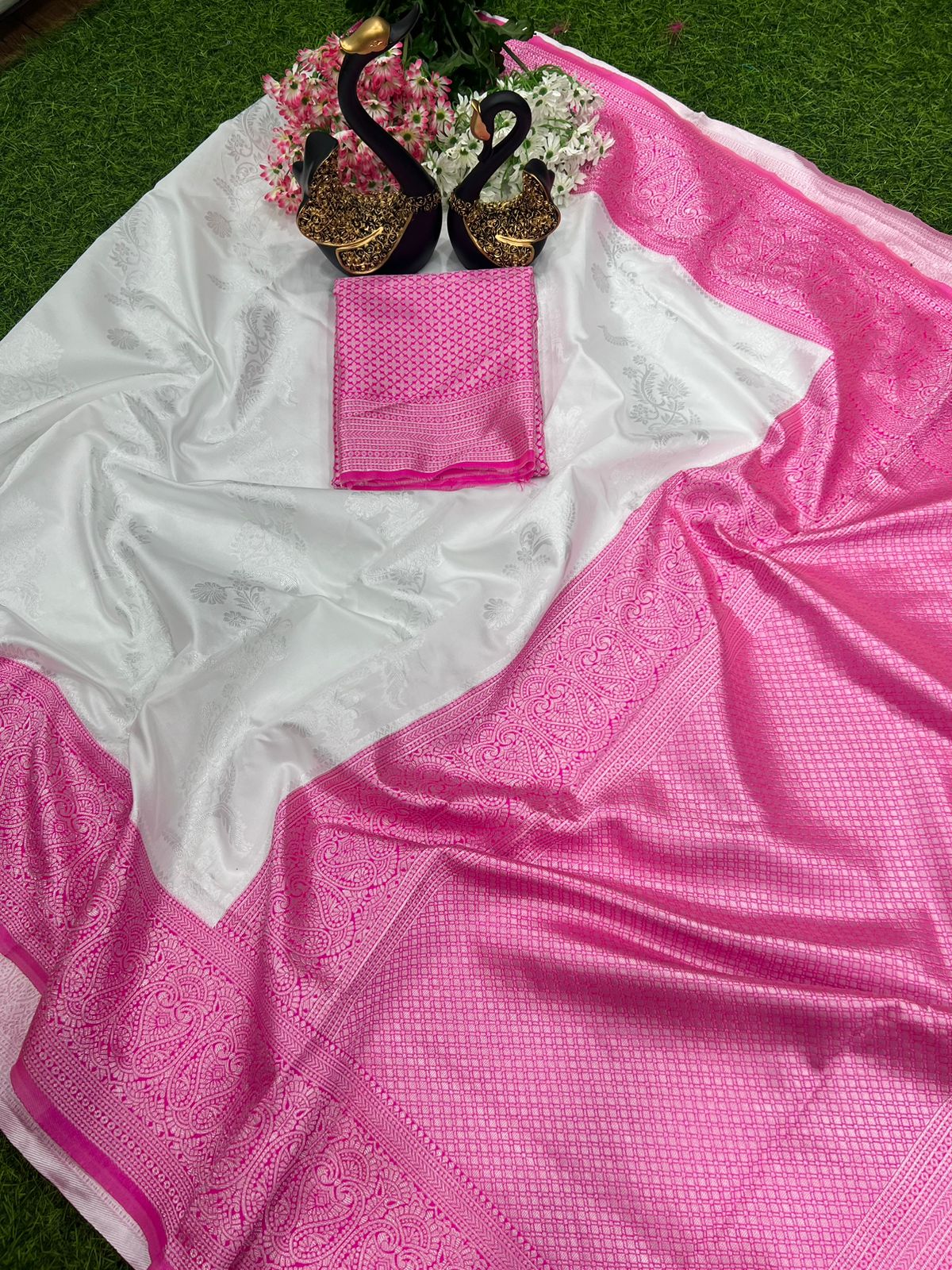 White Silk Saree with Rich Pink Woven Border