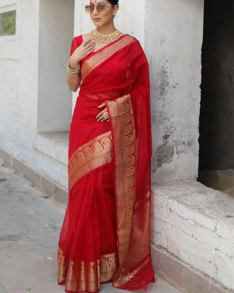 Pure Organza Saree with Chitt Pallu & Copper Zari Border