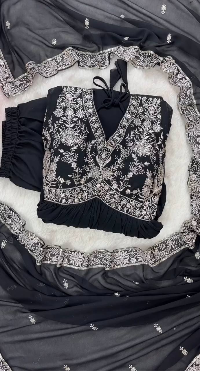 Elegance redefined: black embroidery gown with dupatta and pant
