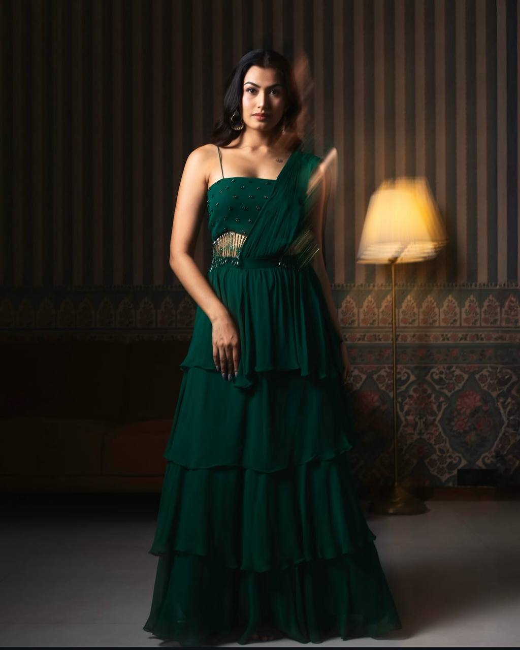 Emerald Green Georgette Lehenga Set with Cutdana Blouse