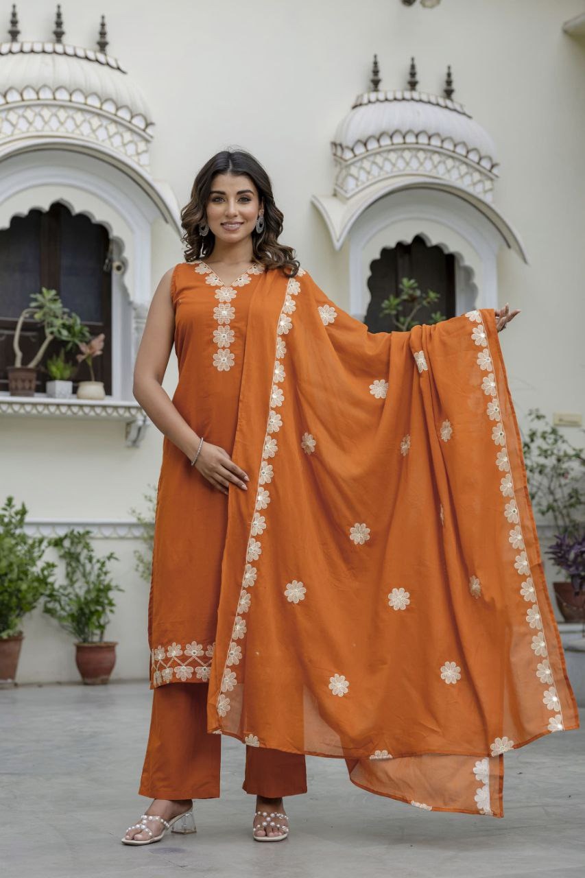 Premium Cotton Kurta Plazo Set with Mirror Work & Dupatta