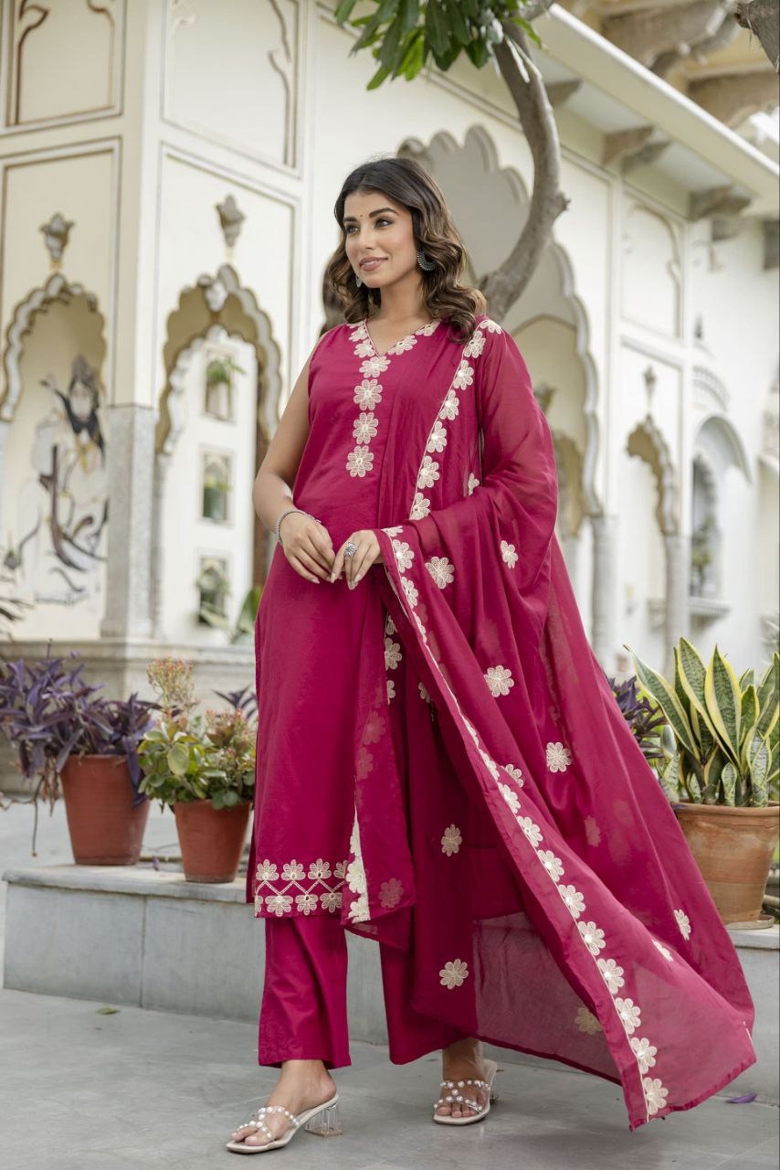 Premium Cotton Kurta Plazo Set with Mirror Work & Dupatta