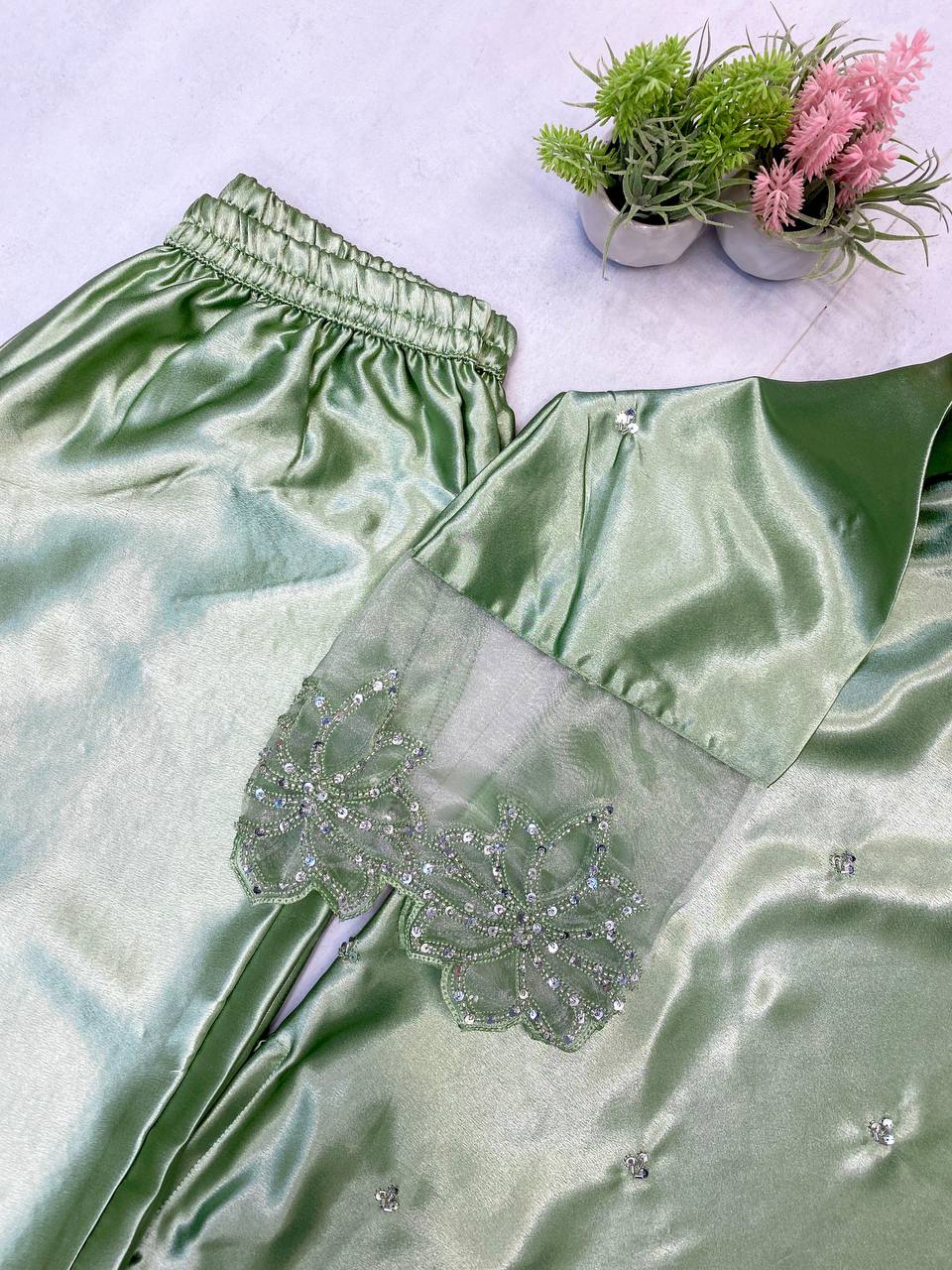 Elegant Moss Satin Kurta Set with Organza Dupatta