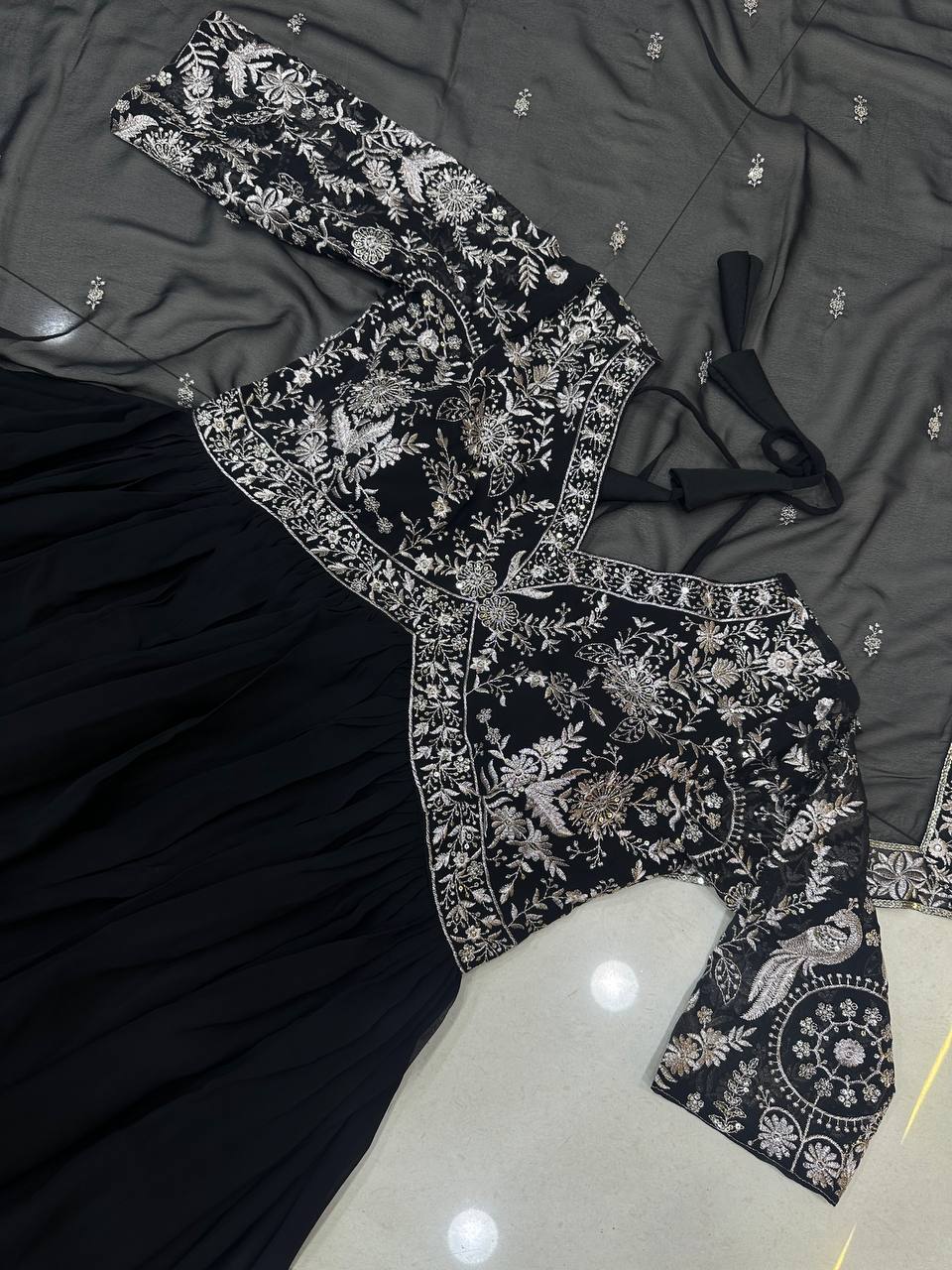 Elegance redefined: black embroidery gown with dupatta and pant