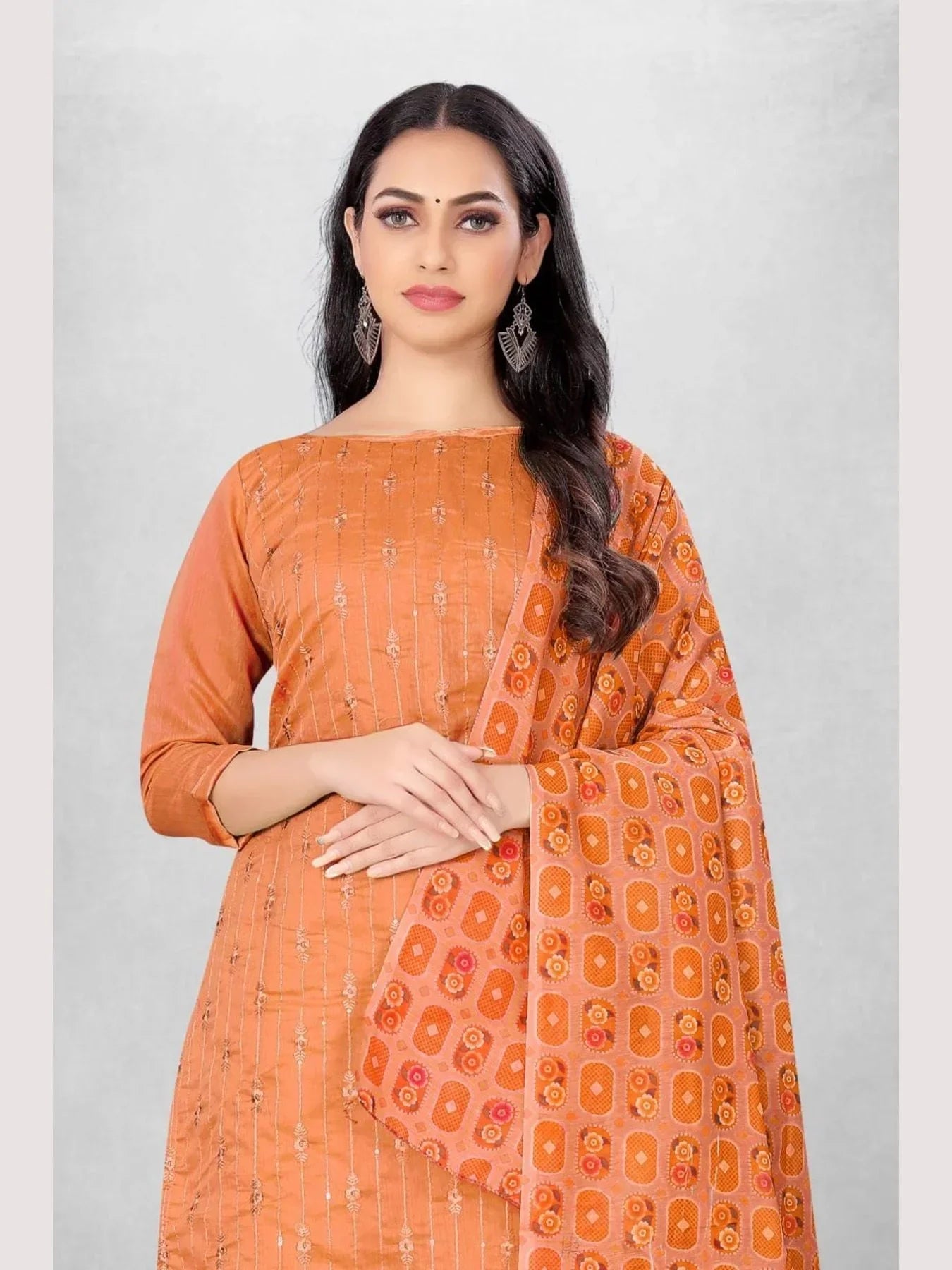 Luxurious Orange Color Chanderi Dress Material Collection At Wholesale Rate