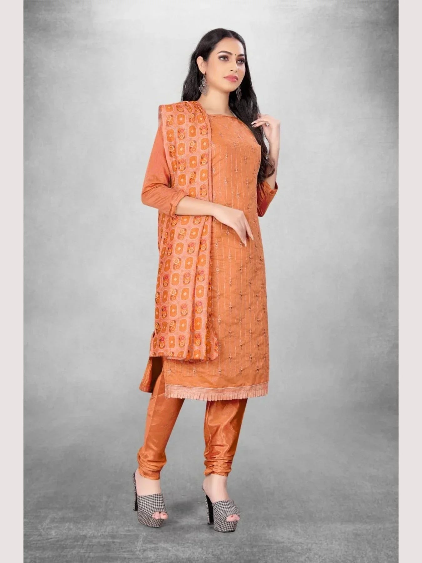 Luxurious Orange Color Chanderi Dress Material Collection At Wholesale Rate