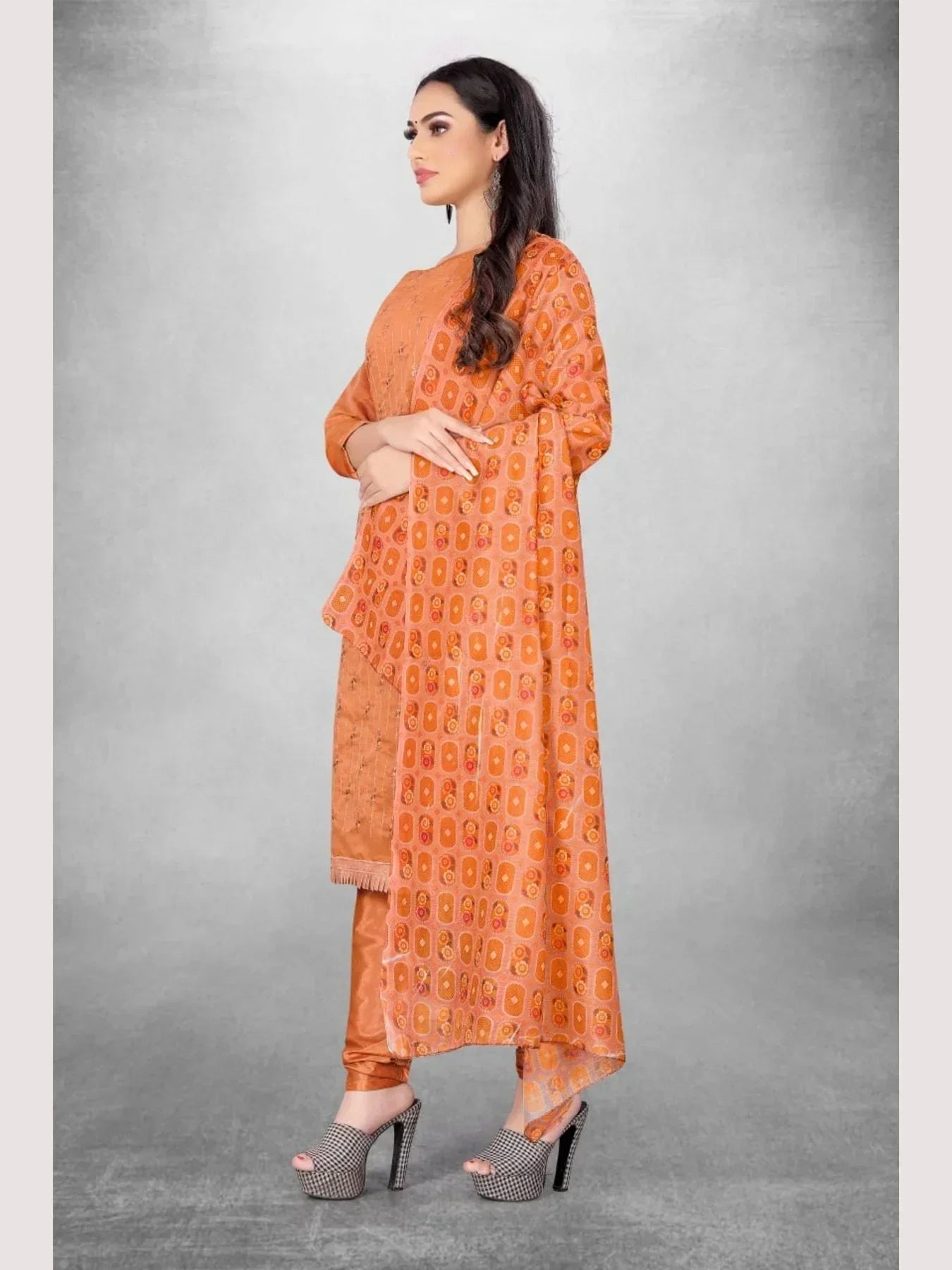 Luxurious Orange Color Chanderi Dress Material Collection At Wholesale Rate