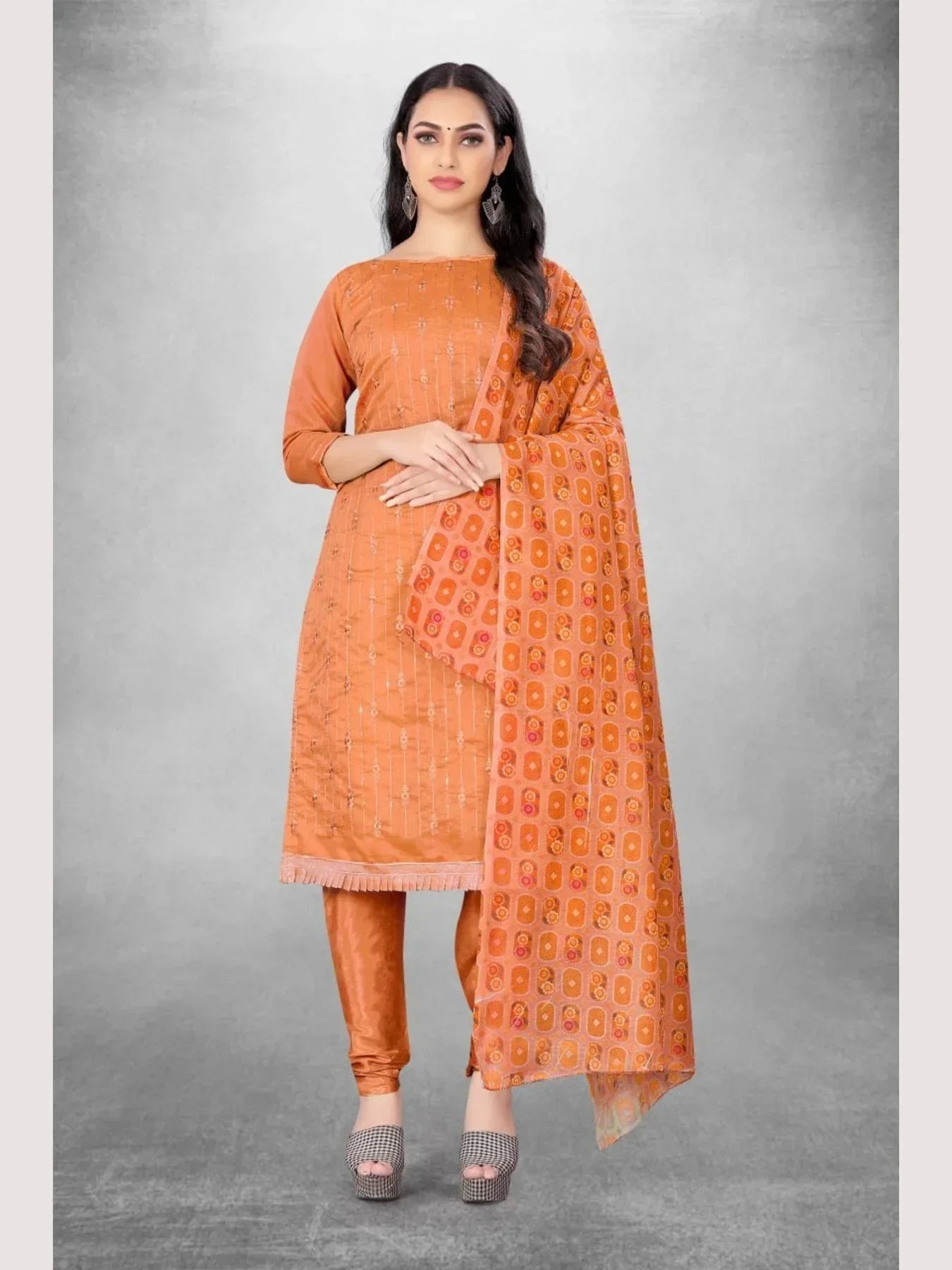 Luxurious Orange Color Chanderi Dress Material Collection At Wholesale Rate