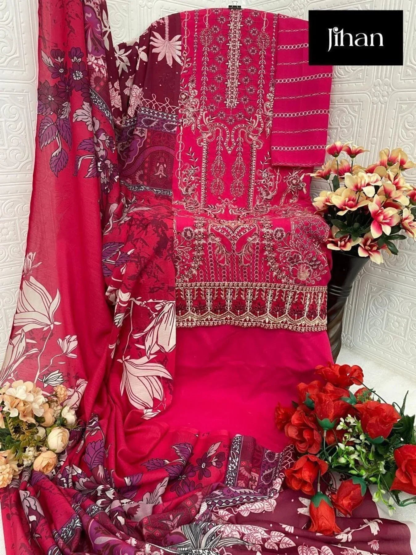 Luxurious Rayon Embroidery Suit Set With Cotton Dupatta