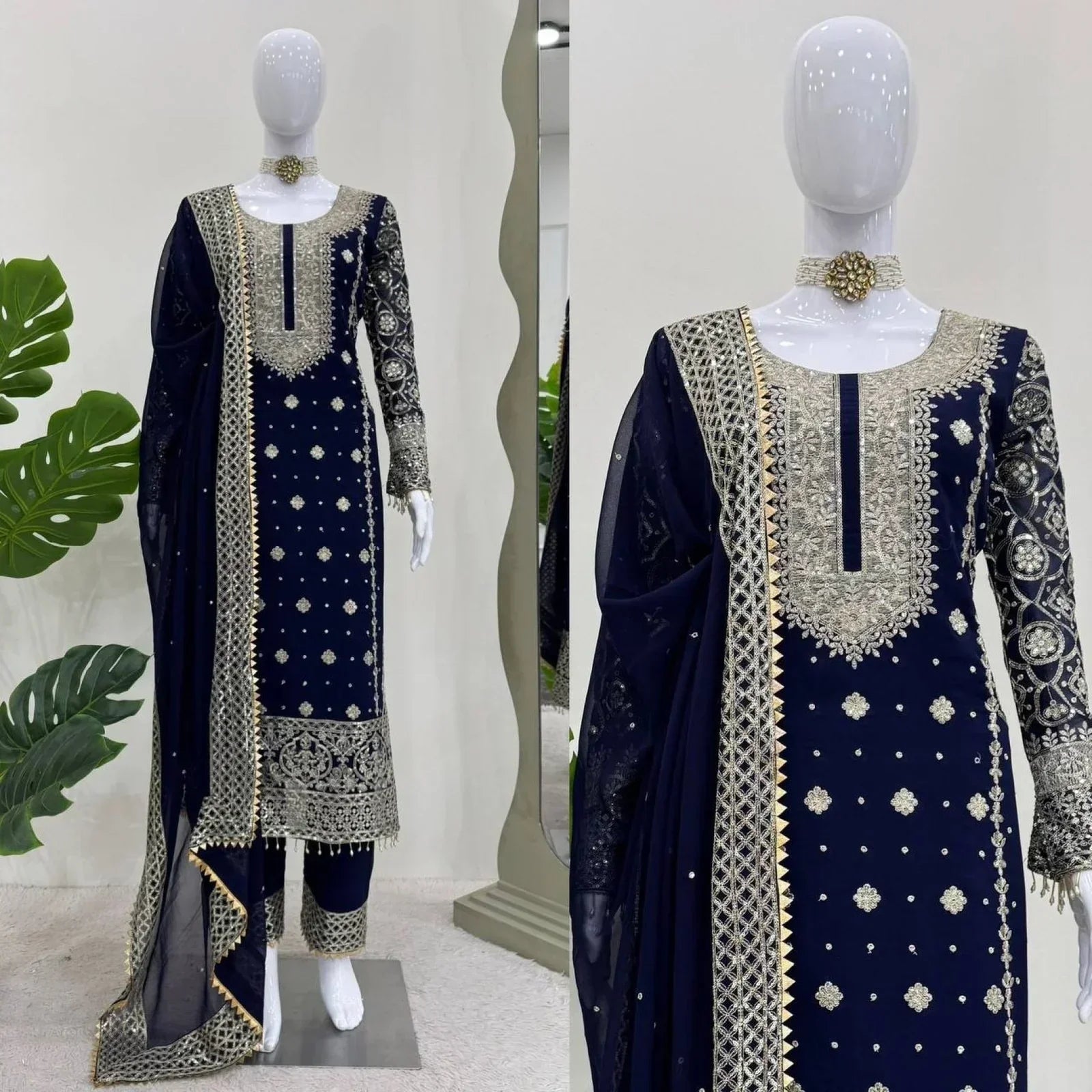 Perfect Teal Blue Color Readymade Suits With Thread And Sequin Work At Manufacturer Rate