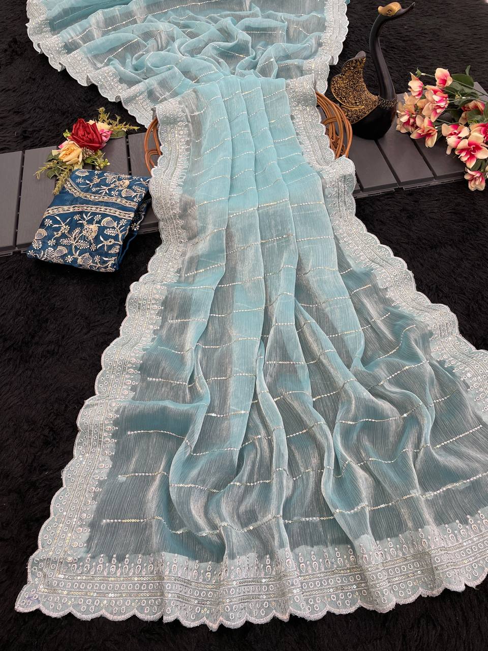 Soft Burberry Fabric Designer Saree with Sequins & Zari Work