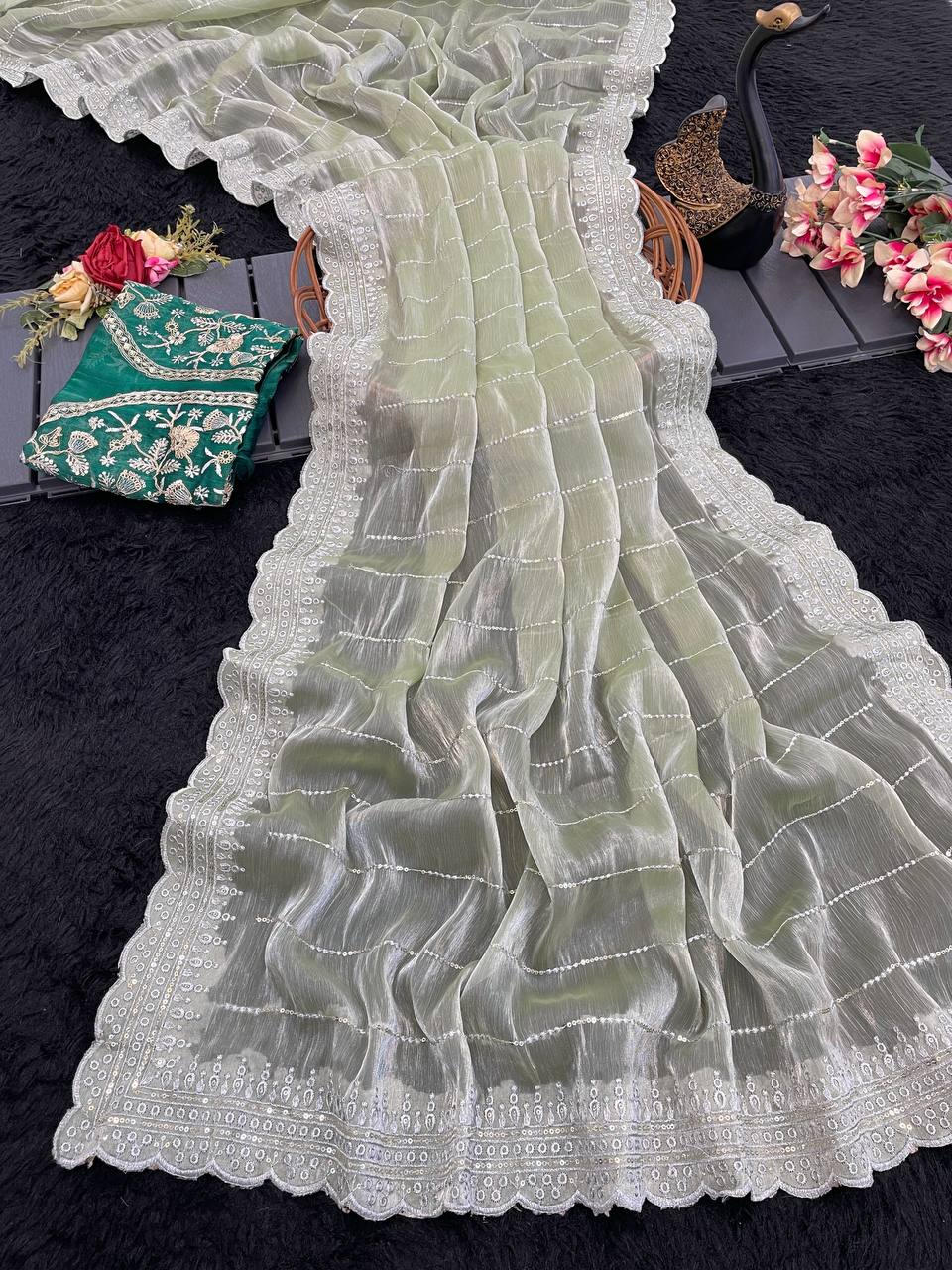 Soft Burberry Fabric Designer Saree with Sequins & Zari Work