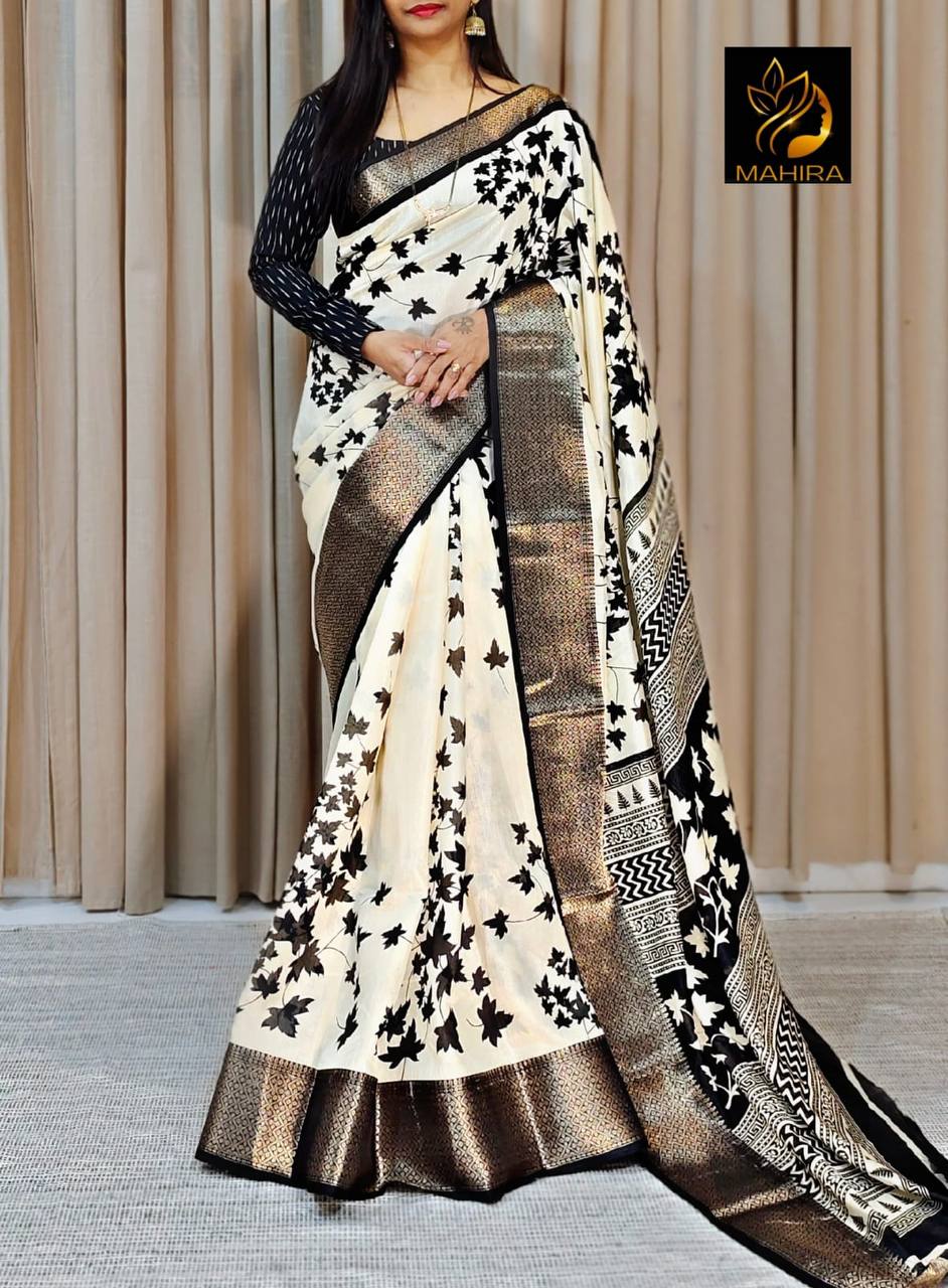 Pure Dola Silk Saree with HD Kalamkari Print & Jacquard Border