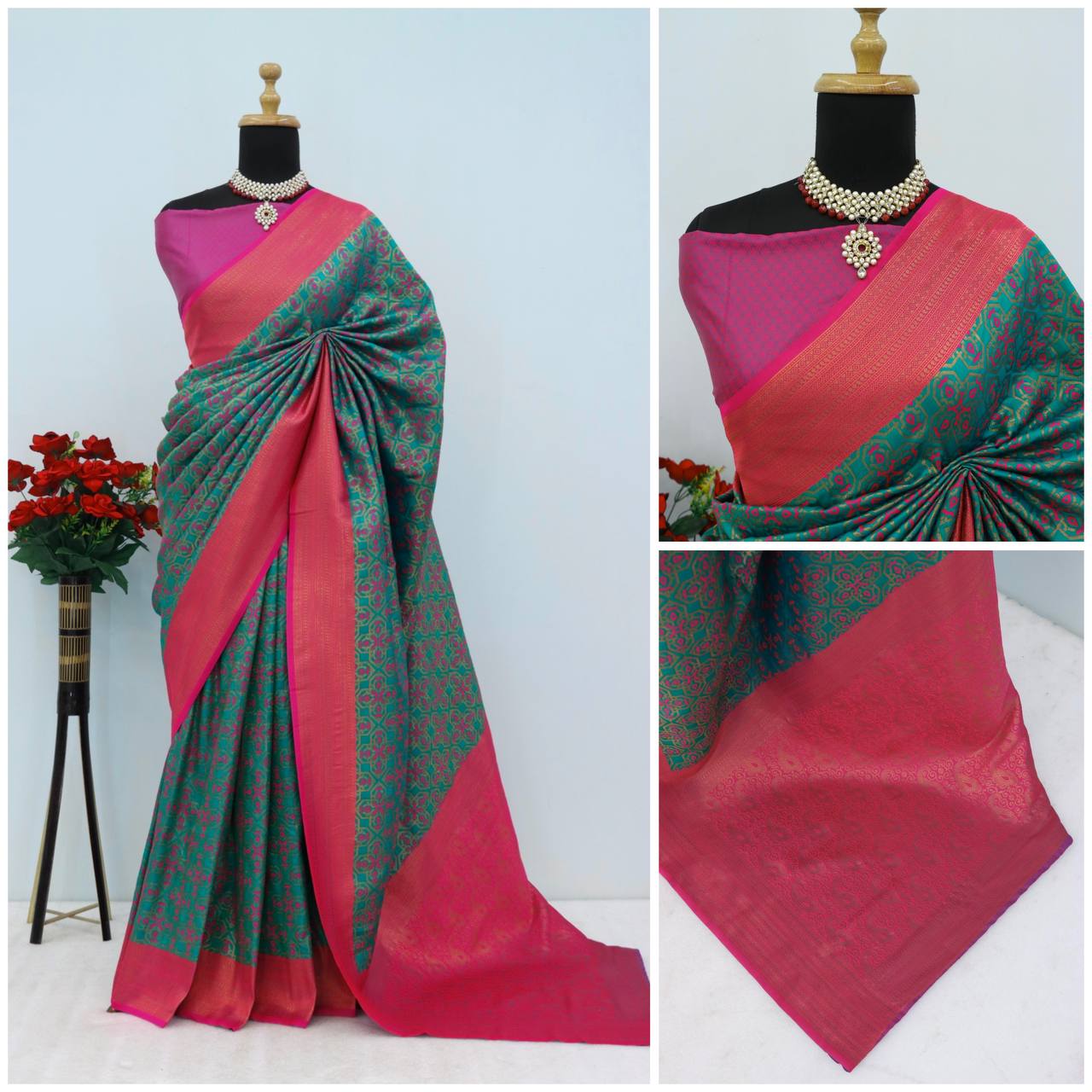 Premium Kanjivaram Soft Silk Saree with Copper Zari Jaal Weaving