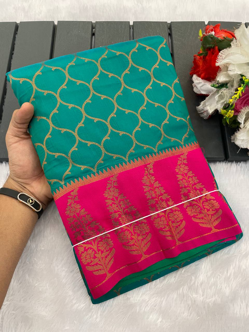 Premium Kanjivaram Soft Silk Saree with Copper Zari Jaal