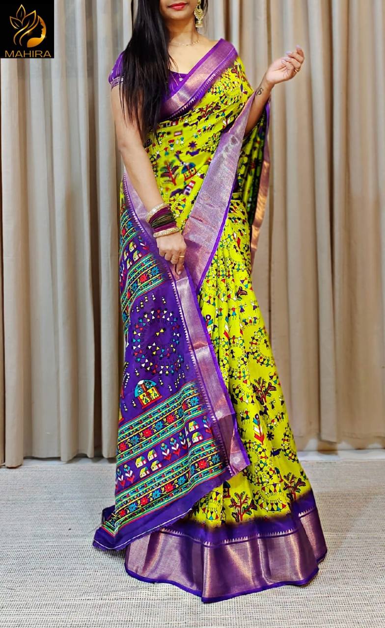 Dola Silk Saree with All-Over Floral Design & Gold Weaving Border
