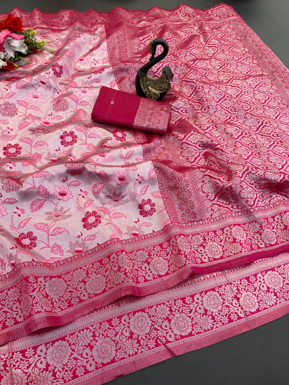 Triple Weaving Zari Tissue Kanchi Saree with Meena Work