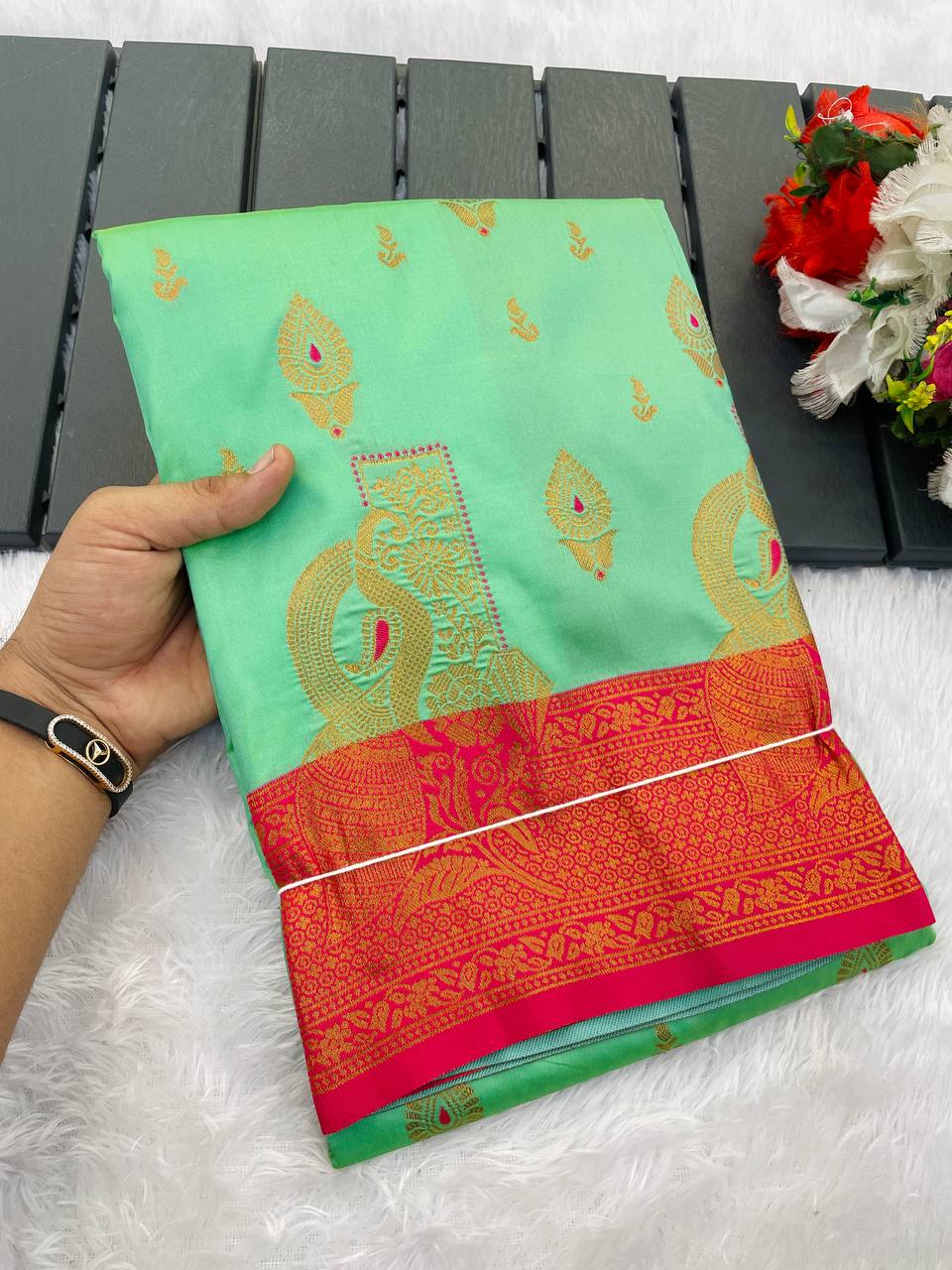 Premium Kanjivaram Soft Silk Saree with Copper Zari Jaal Weaving