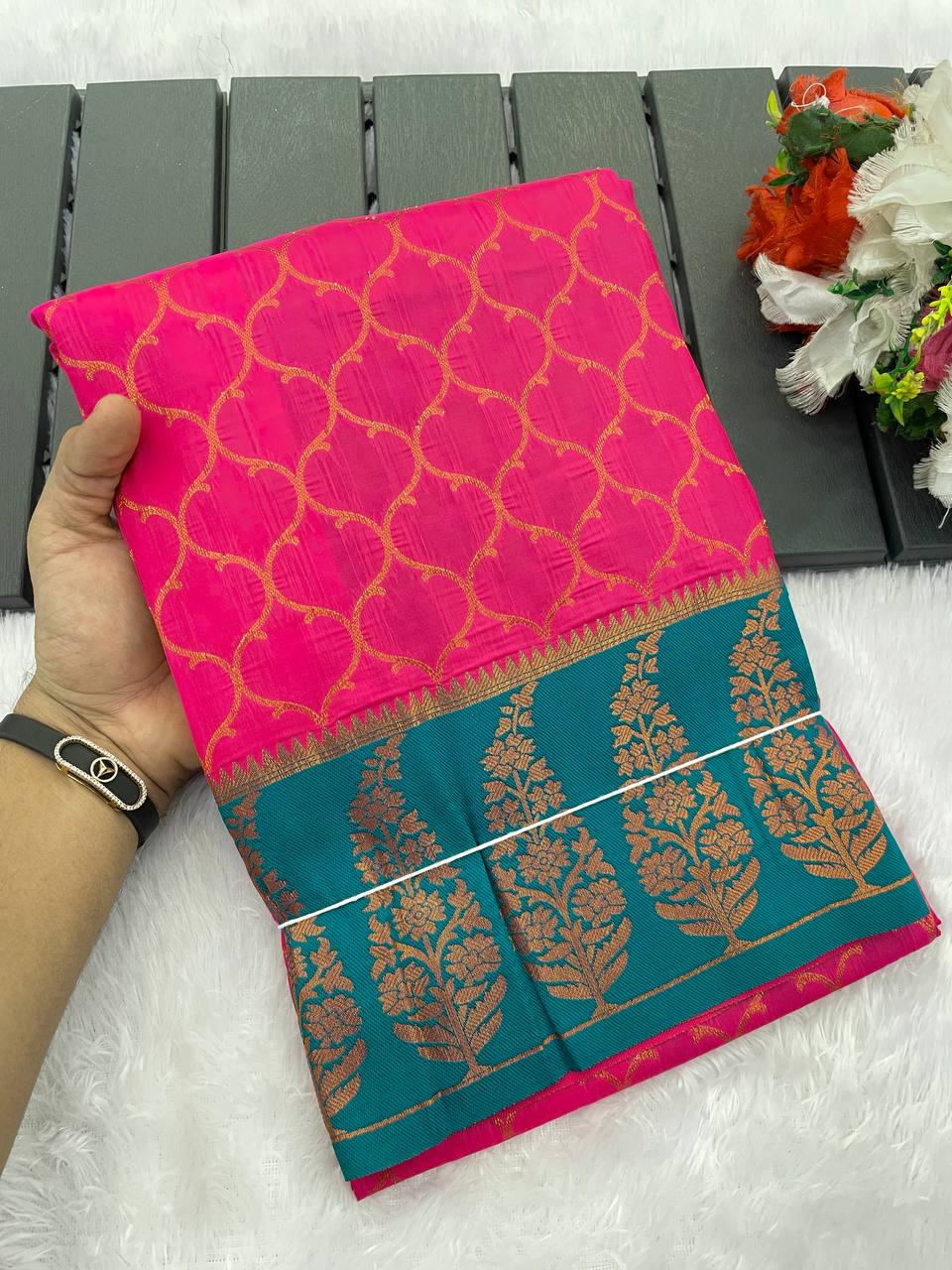 Premium Kanjivaram Soft Silk Saree with Copper Zari Jaal