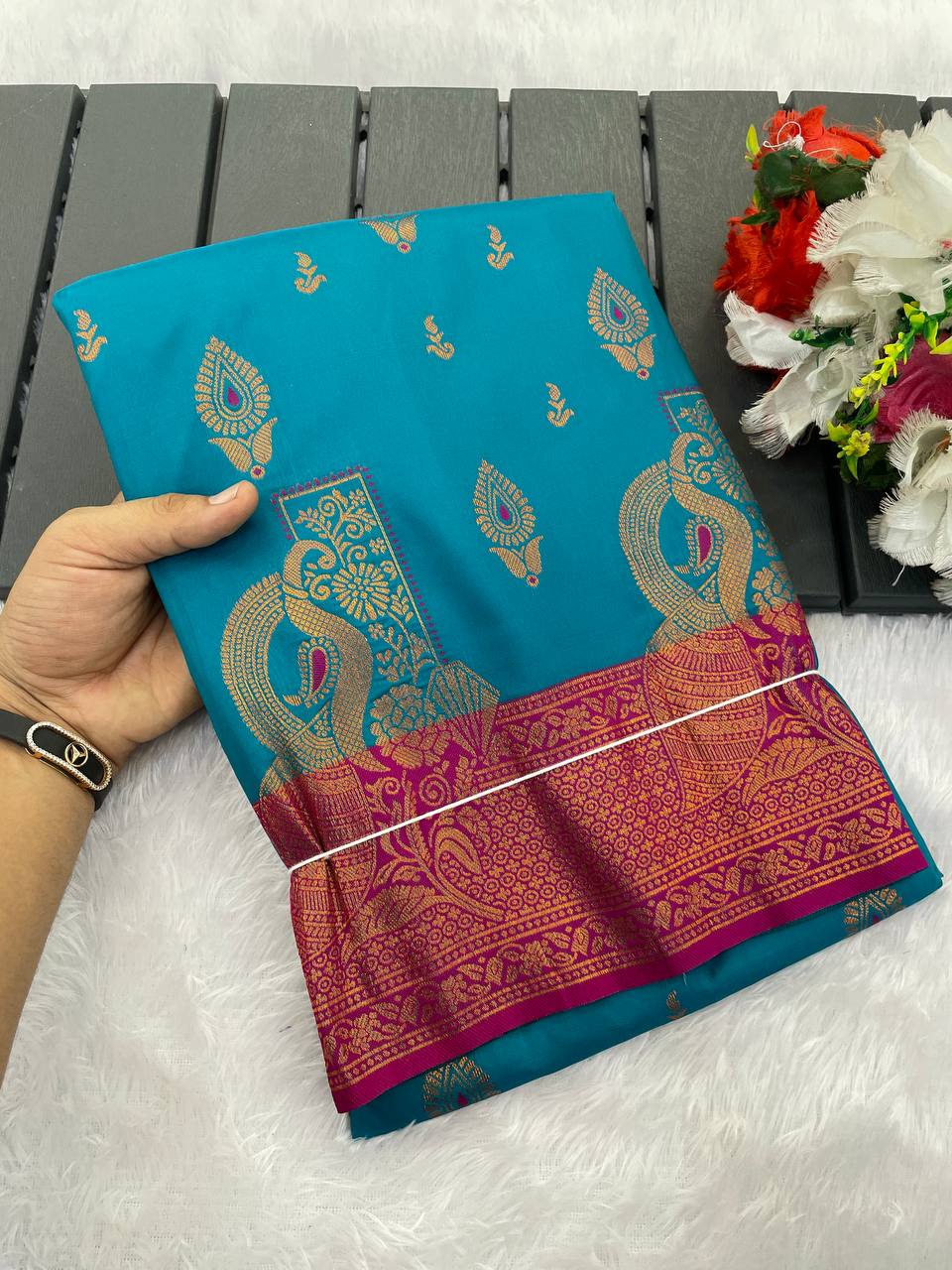 Premium Kanjivaram Soft Silk Saree with Copper Zari Jaal Weaving