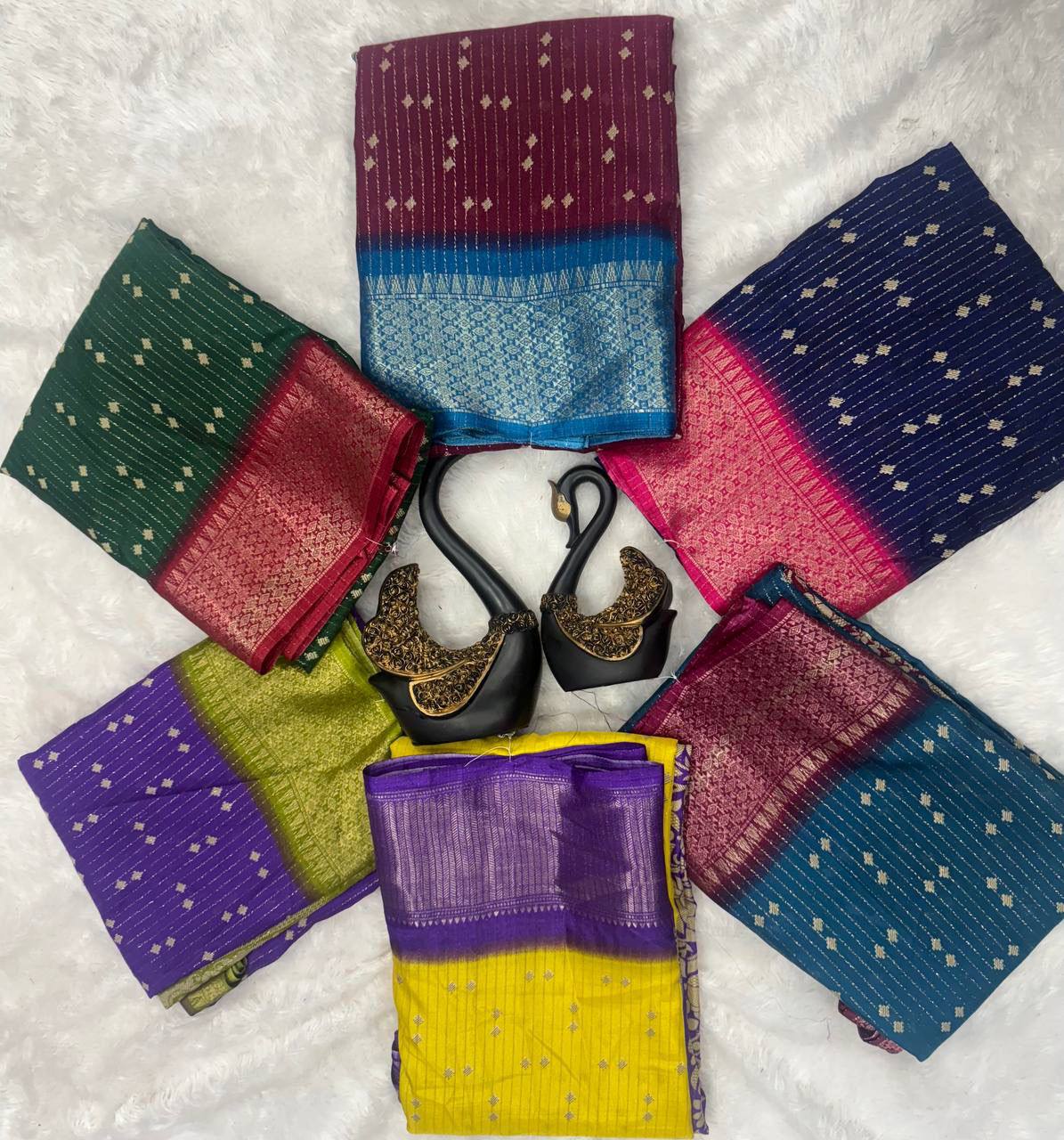 Dola Silk Saree with Gold Printed Lines & Bandhini Design