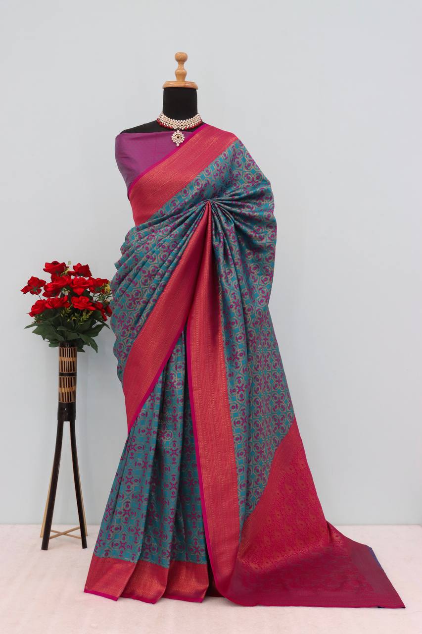 Premium Kanjivaram Soft Silk Saree with Copper Zari Jaal Weaving
