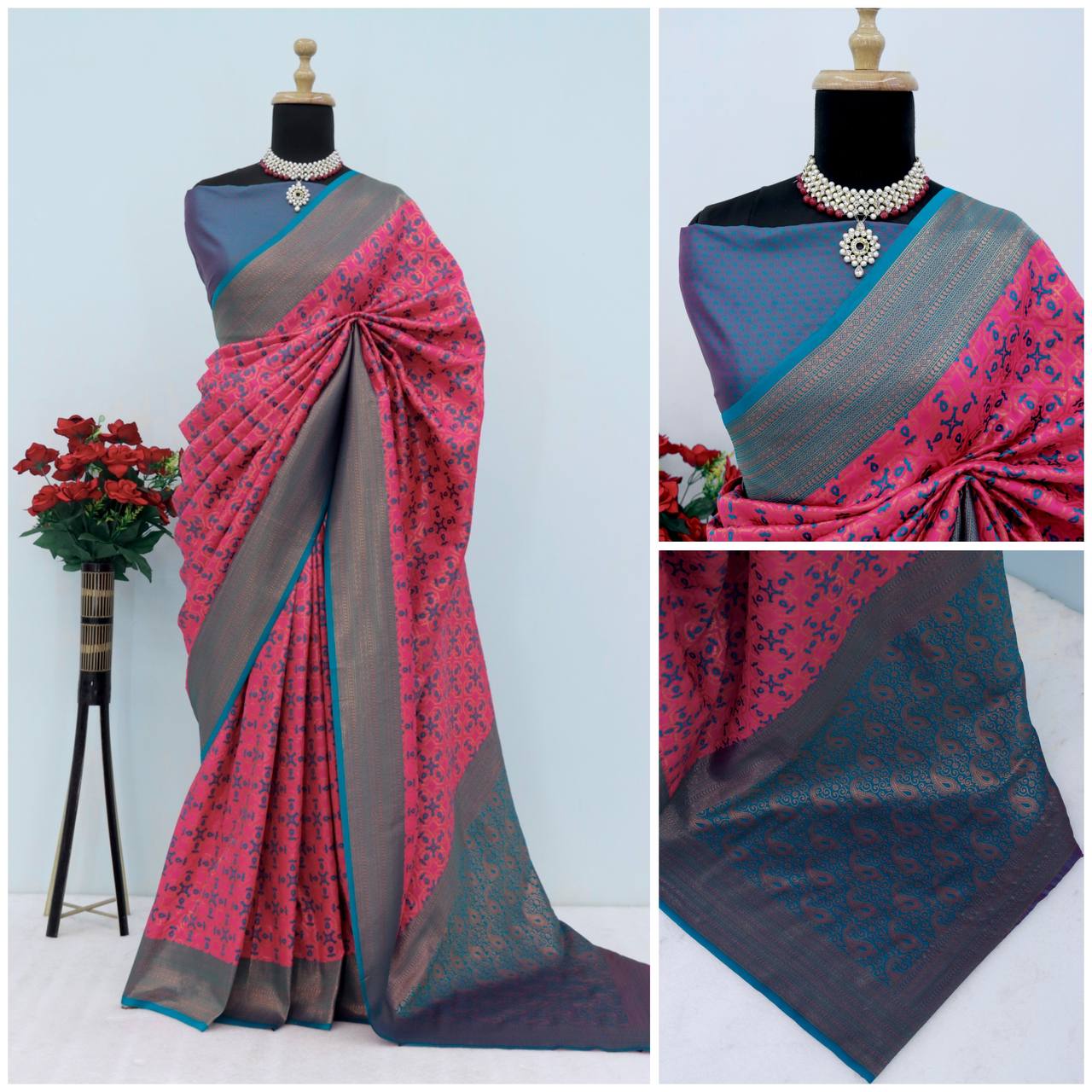 Premium Kanjivaram Soft Silk Saree with Copper Zari Jaal Weaving