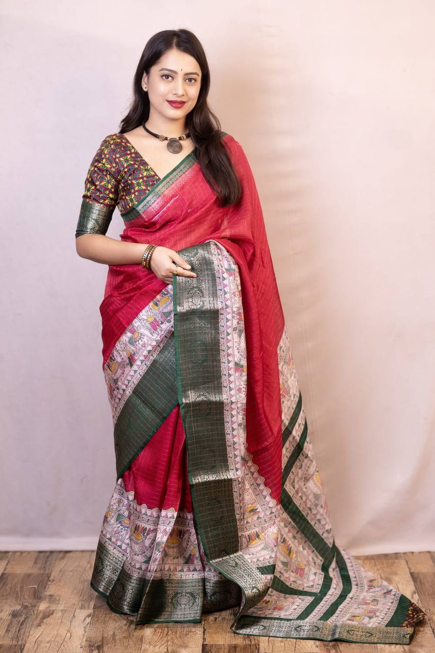 Lightweight Mangalagiri Dola Saree with Print Checks & Kalamkari Pallu