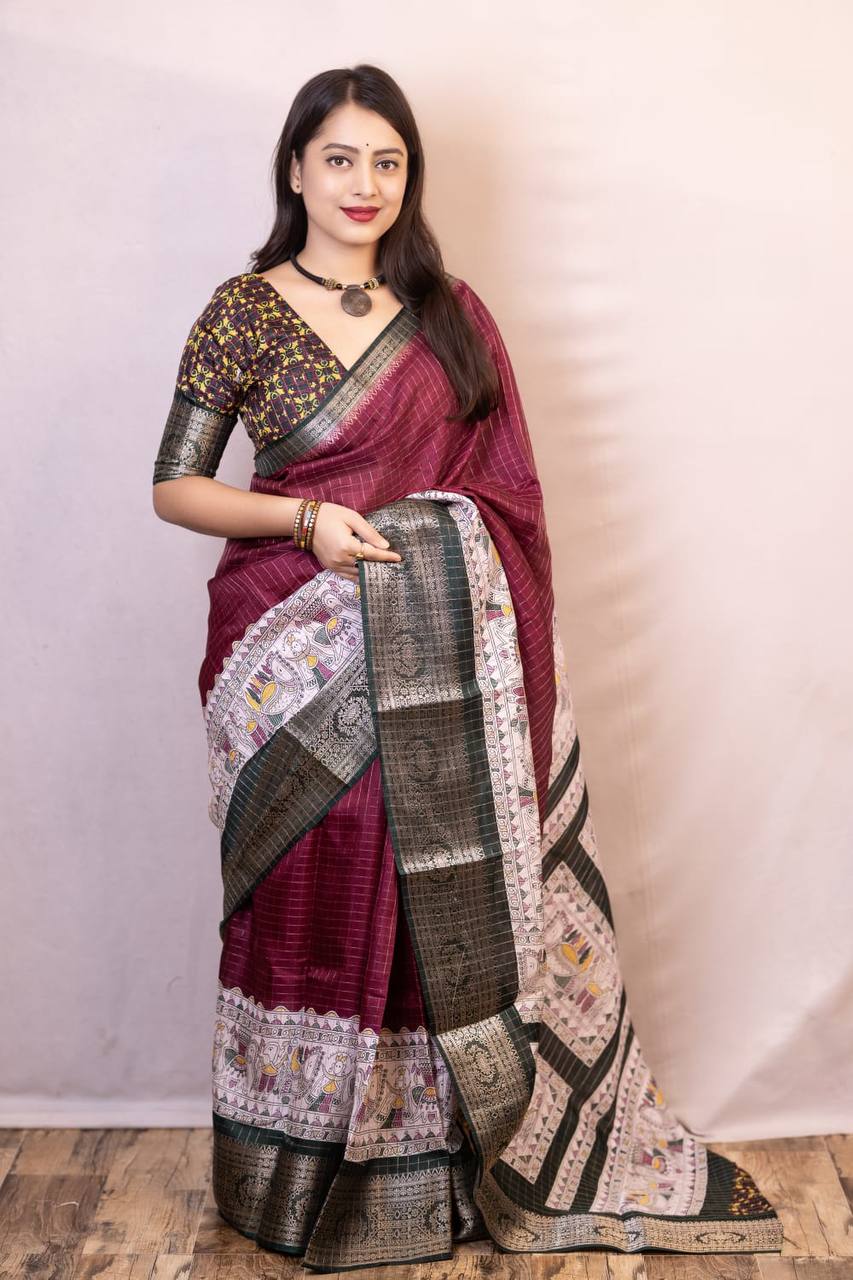 Lightweight Mangalagiri Dola Saree with Print Checks & Kalamkari Pallu