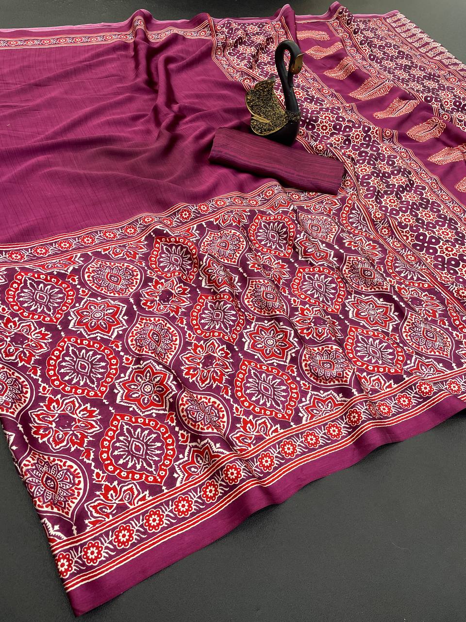 Original Ajrakh Semi Gaji Silk Bandhej Saree
