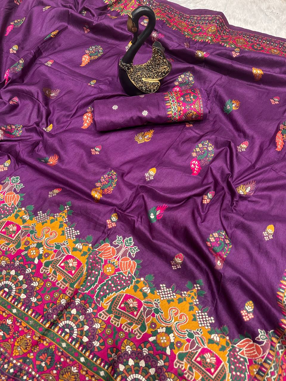 Hand Dyed Rajwadi Pashmina Silk Saree with Kashmiri Woven Pallu