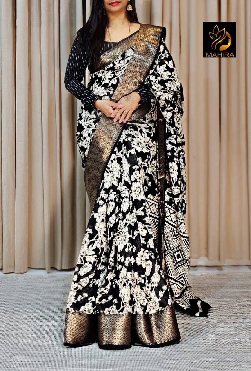 Pure Dola Silk Saree with HD Kalamkari Print & Jacquard Border