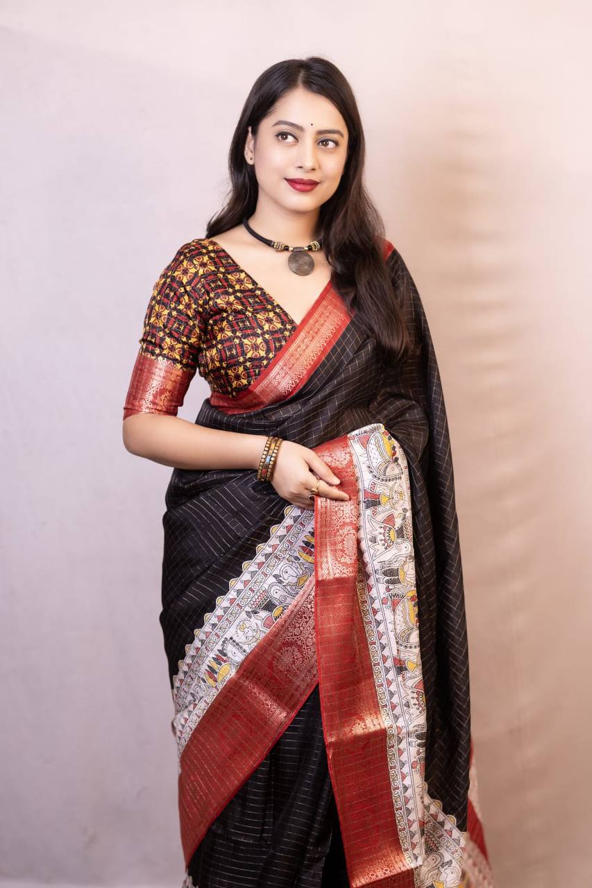 Lightweight Mangalagiri Dola Saree with Print Checks & Kalamkari Pallu