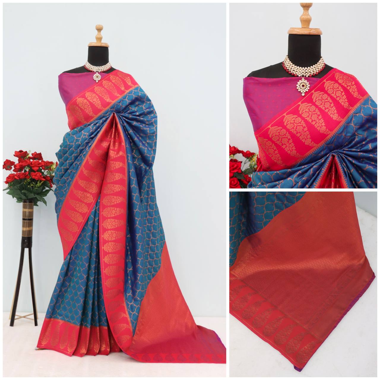 Premium Kanjivaram Soft Silk Saree with Copper Zari Jaal